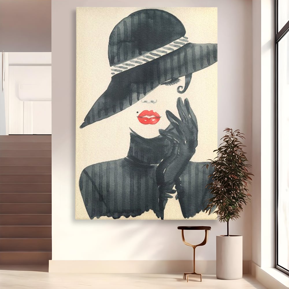Tablou canvas cu ilustratie moda femeie cu palarie si buze rosii, fara rama, pe sasiu de lemn